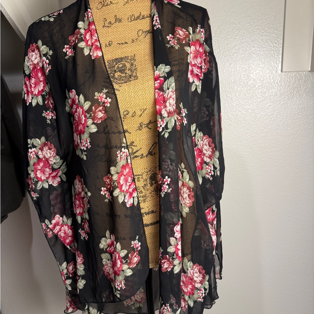 Floral Sheer Open-Front Kimono - Black with Pink Flowers